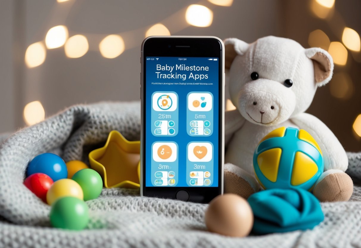 A smartphone with baby milestone tracking apps displayed on the screen, surrounded by baby toys and a cozy blanket