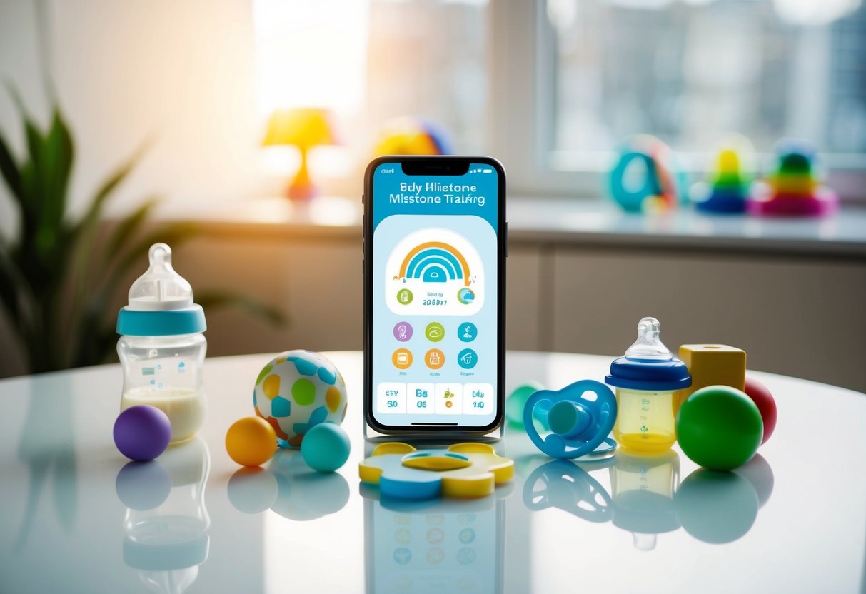 A smartphone with a baby milestone tracking app open, surrounded by baby toys, a bottle, and a pacifier on a clean, well-lit surface