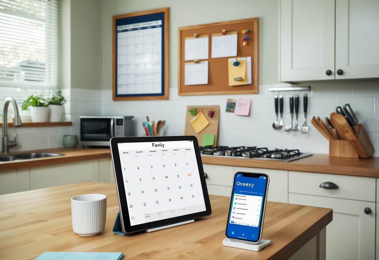 A busy family kitchen with a calendar on the wall, a bulletin board with notes, a tablet displaying a shared family calendar app, and a smartphone with a grocery list app open