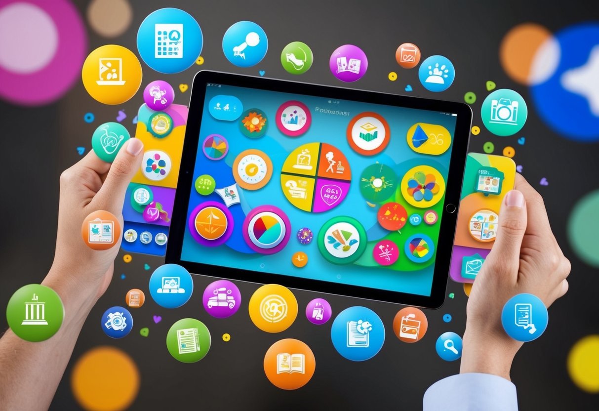 A colorful array of interactive educational apps displayed on a tablet, surrounded by playful icons and engaging visuals