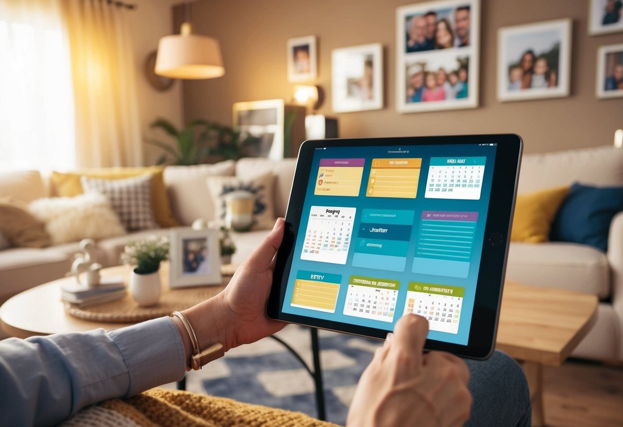 A cozy living room with a calendar, meal planner, to-do list, and shopping list apps displayed on a tablet, surrounded by family photos and a warm, inviting atmosphere