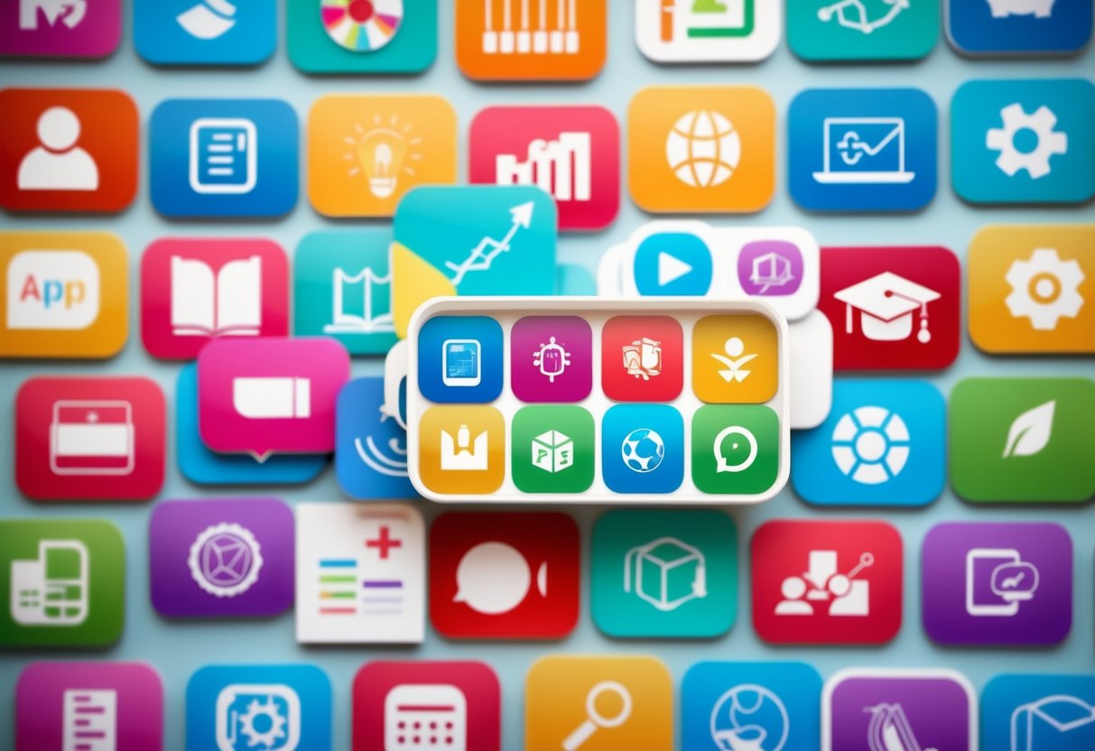 A colorful array of educational app icons arranged in a playful and engaging manner