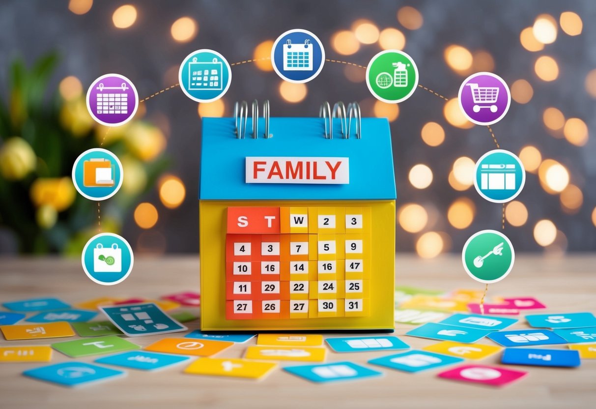 A colorful family calendar surrounded by apps icons for organizing tasks, groceries, and schedules