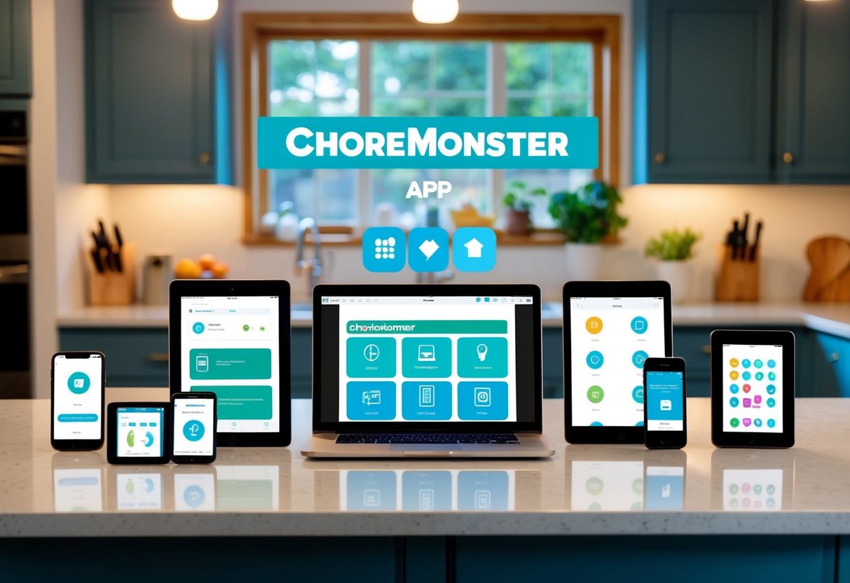 A colorful array of electronic devices and icons arranged on a family's kitchen counter, representing the ChoreMonster app and other organizational tools