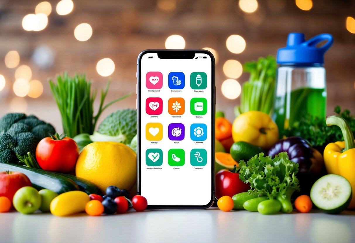 A smartphone screen displaying icons of health and wellness apps, surrounded by a variety of fruits, vegetables, exercise equipment, and a water bottle