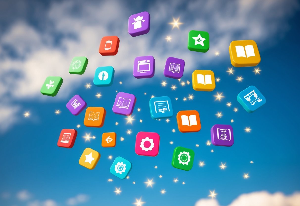 A colorful array of educational app icons falling from the sky, surrounded by twinkling stars