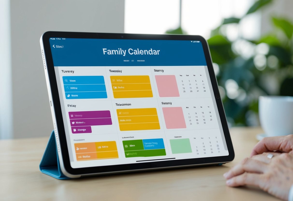 A family calendar app with color-coded events and reminders, synced across multiple devices, displayed on a tablet with a clean and organized interface