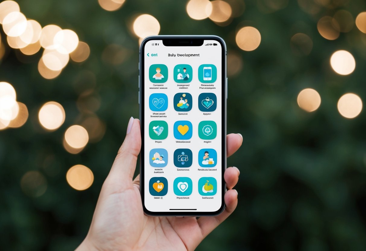 A smartphone displaying various health and wellness app icons related to baby development