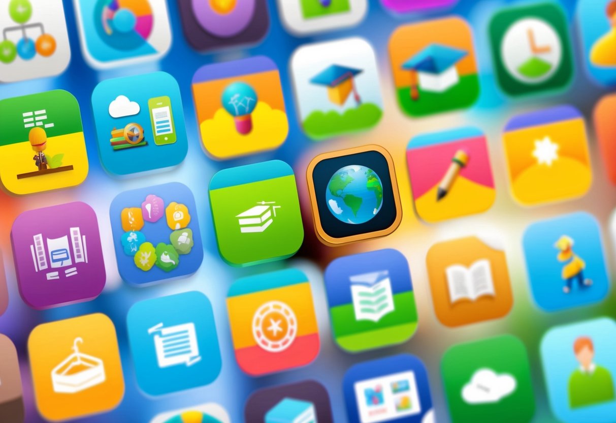 A colorful array of educational app icons arranged in a grid, each depicting a different subject or activity, with vibrant graphics and engaging visuals