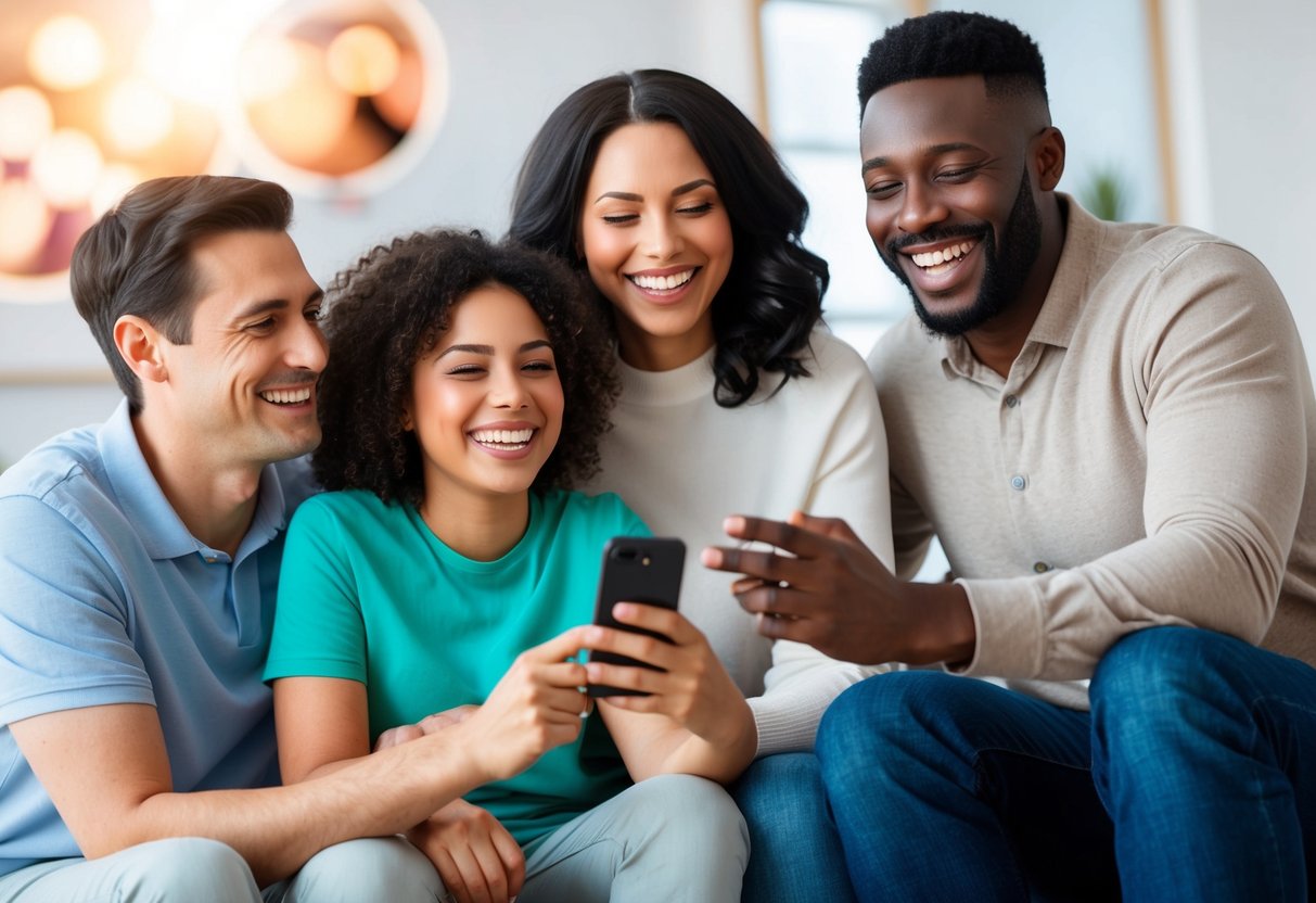 A family sitting together, smiling and engaging with a smartphone displaying the Happify app. The background includes elements of health and wellness