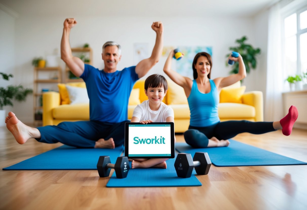 A family exercising together in a bright, spacious living room with yoga mats, weights, and a tablet displaying the Sworkit app