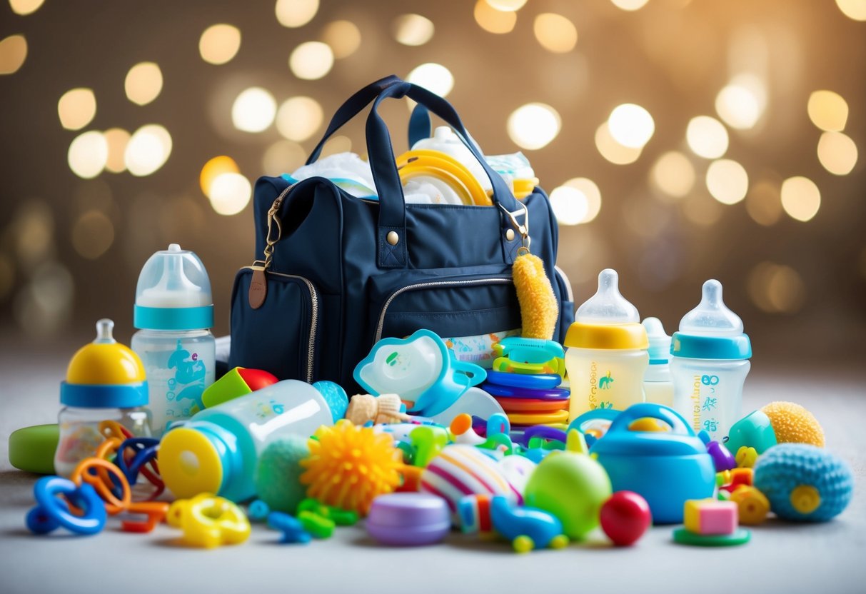 A cluttered diaper bag with baby essentials spilling out, surrounded by a chaotic array of baby bottles, pacifiers, and toys