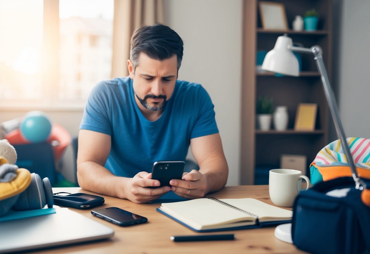 A cluttered desk with a smartphone, notebook, and coffee mug. A tired parent looks at the screen, surrounded by baby gear