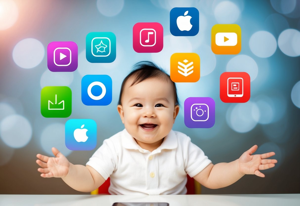 A smiling baby surrounded by 10 colorful app icons floating above a smartphone