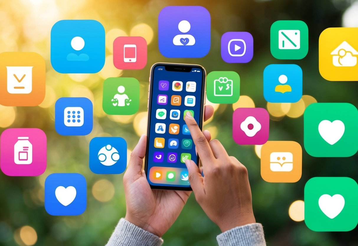 A smartphone surrounded by colorful icons of parenting apps, with a hand reaching out to tap on one of them
