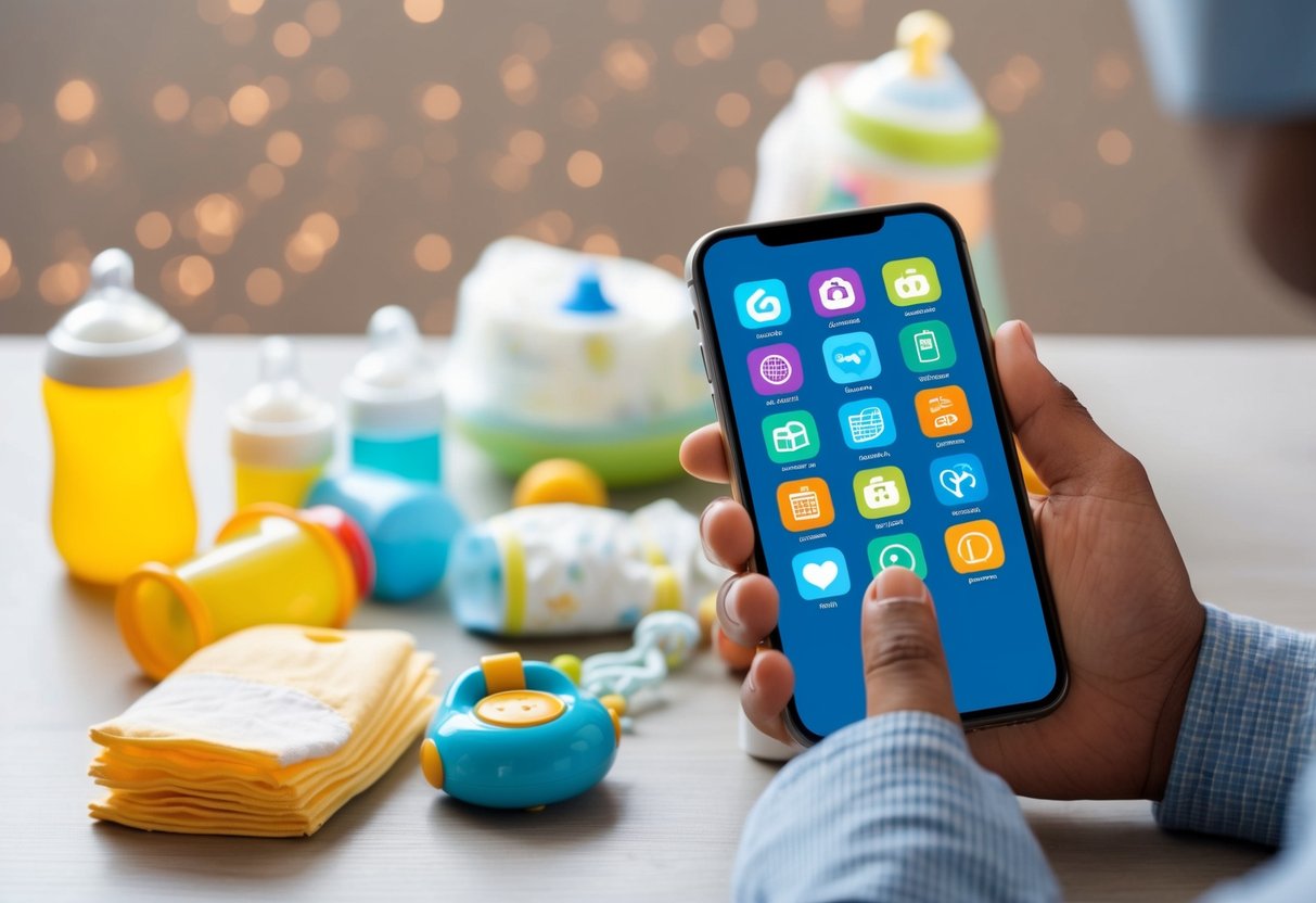 A parent's hand holding a smartphone with 10 app icons related to parenting, surrounded by baby essentials like diapers, bottles, and toys