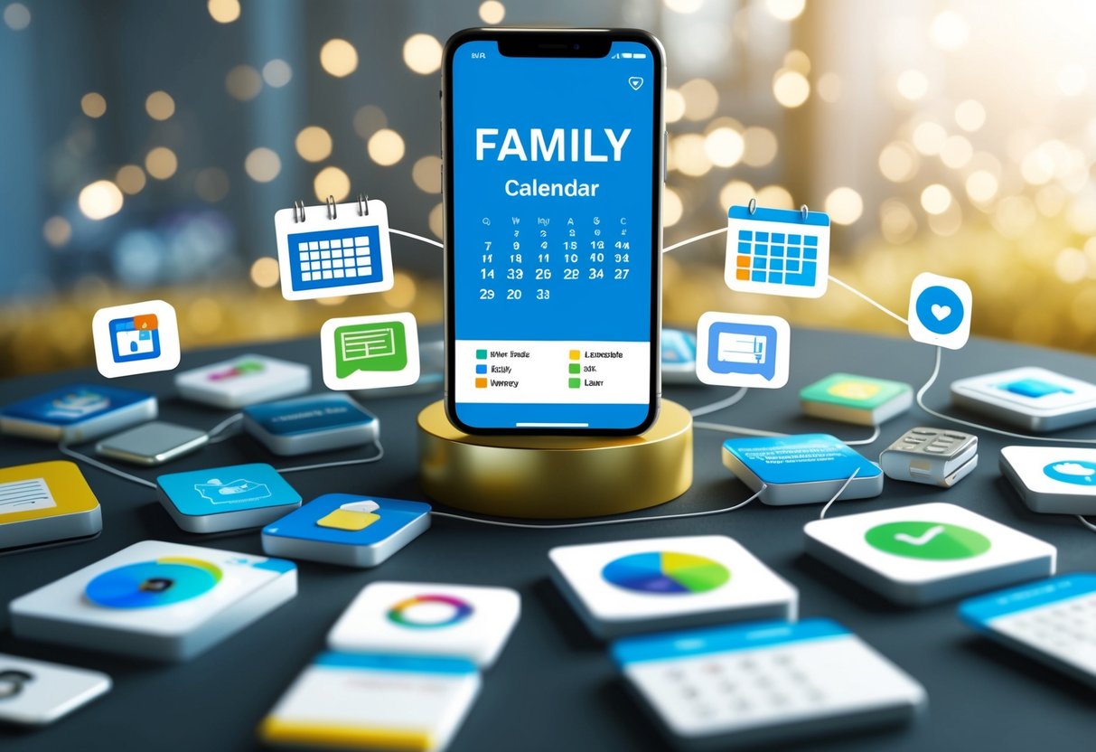 A family calendar app surrounded by various organizational and communication apps, symbolizing the connectedness and efficiency of modern parenting