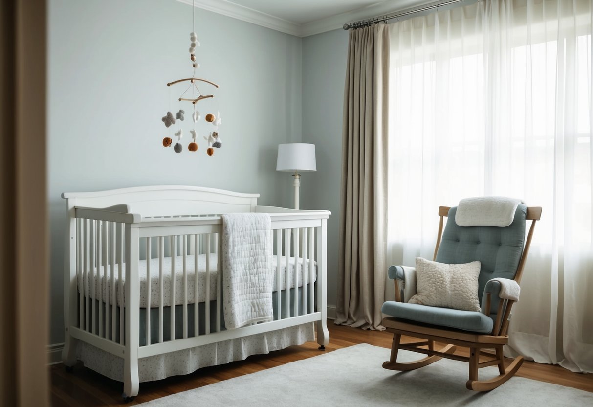 A peaceful nursery with a mobile hanging above a crib, soft light filtering through the curtains, and a cozy rocking chair in the corner