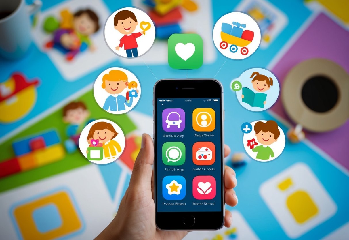 A smartphone displaying 9 parenting app icons, surrounded by colorful cartoon illustrations of children, toys, and helpful symbols