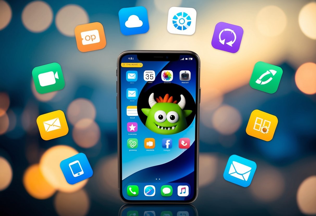 A smartphone surrounded by icons for organization and communication apps, with a playful monster character peeking out from behind the screen