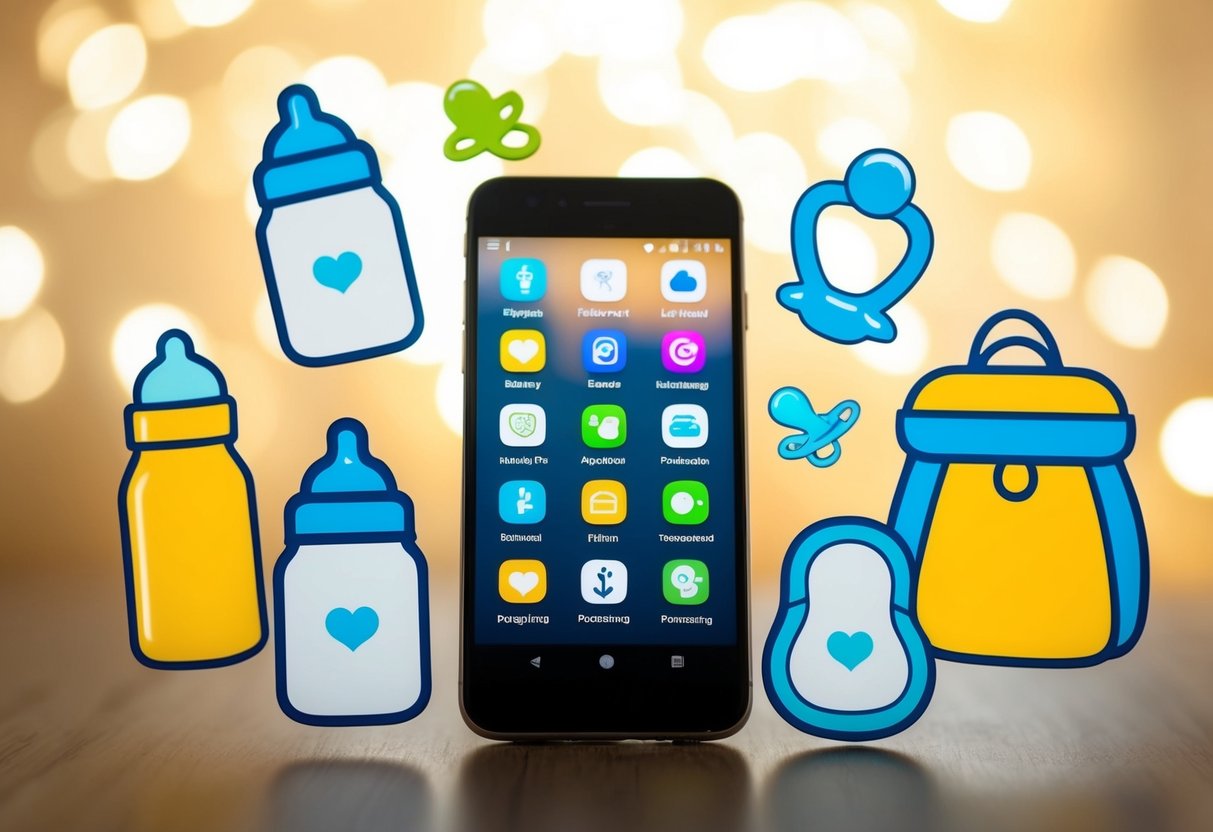 A smartphone surrounded by cartoonish icons of baby bottles, pacifiers, and diaper bags, with a glowing screen displaying various parenting app logos