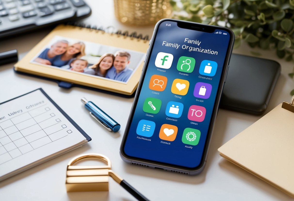 A smartphone displaying icons for various family organization apps, surrounded by a calendar, to-do list, and family photo