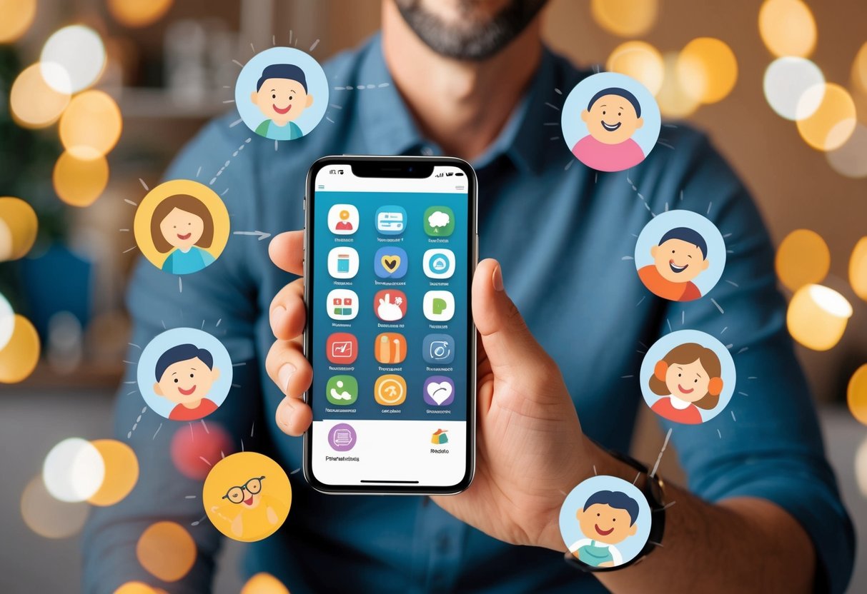 A parent holding a smartphone with various parenting app icons displayed on the screen, surrounded by playful and happy family-themed illustrations