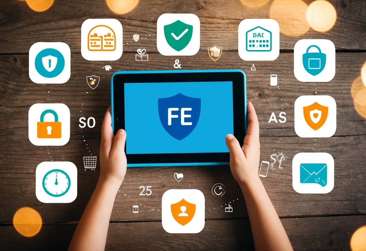 A child's tablet surrounded by icons of different apps for managing screen time and online safety, with a lock and shield symbolizing security