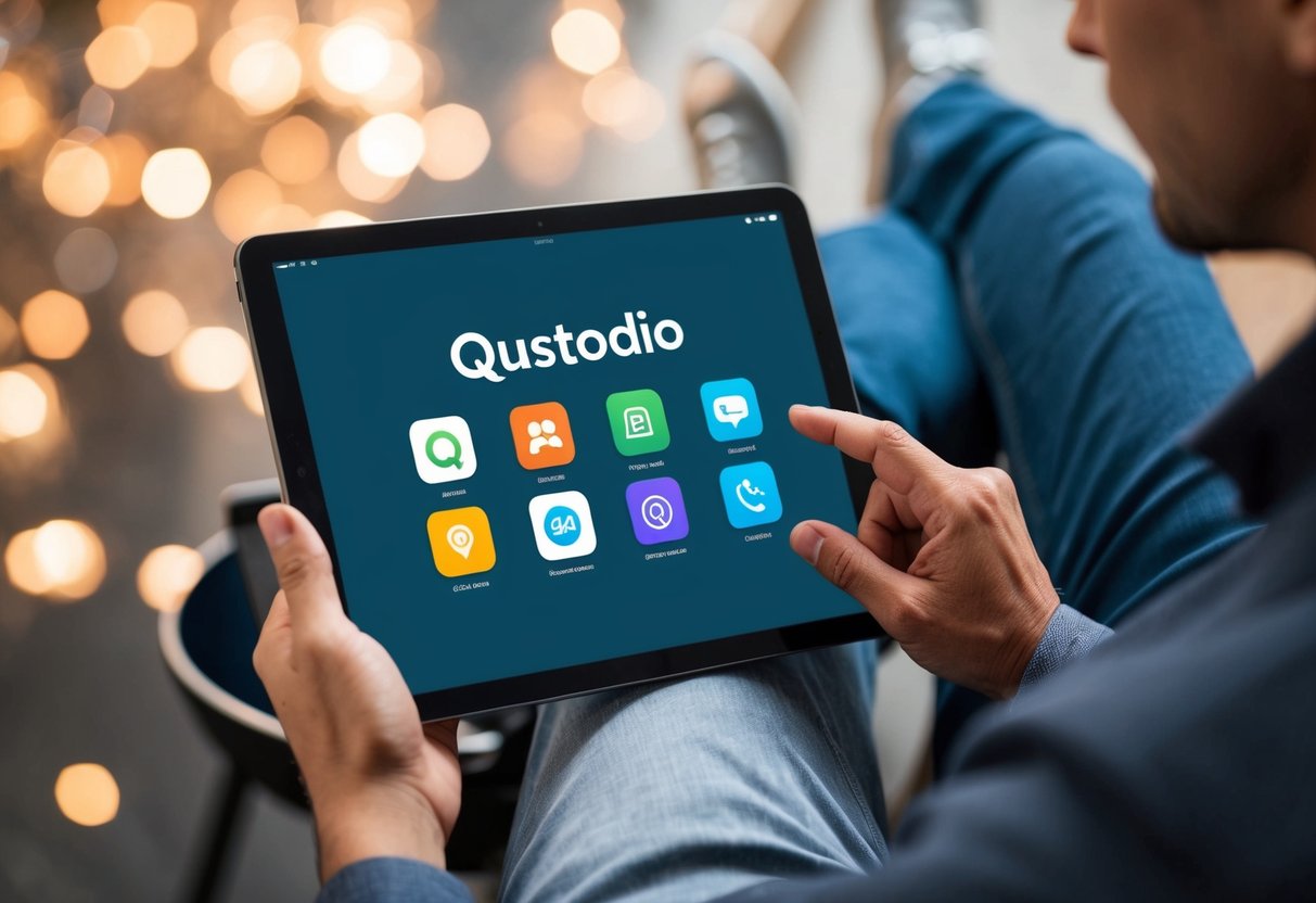 A parent setting up Qustodio on a tablet, with icons representing the 8 apps for managing screen time and online safety