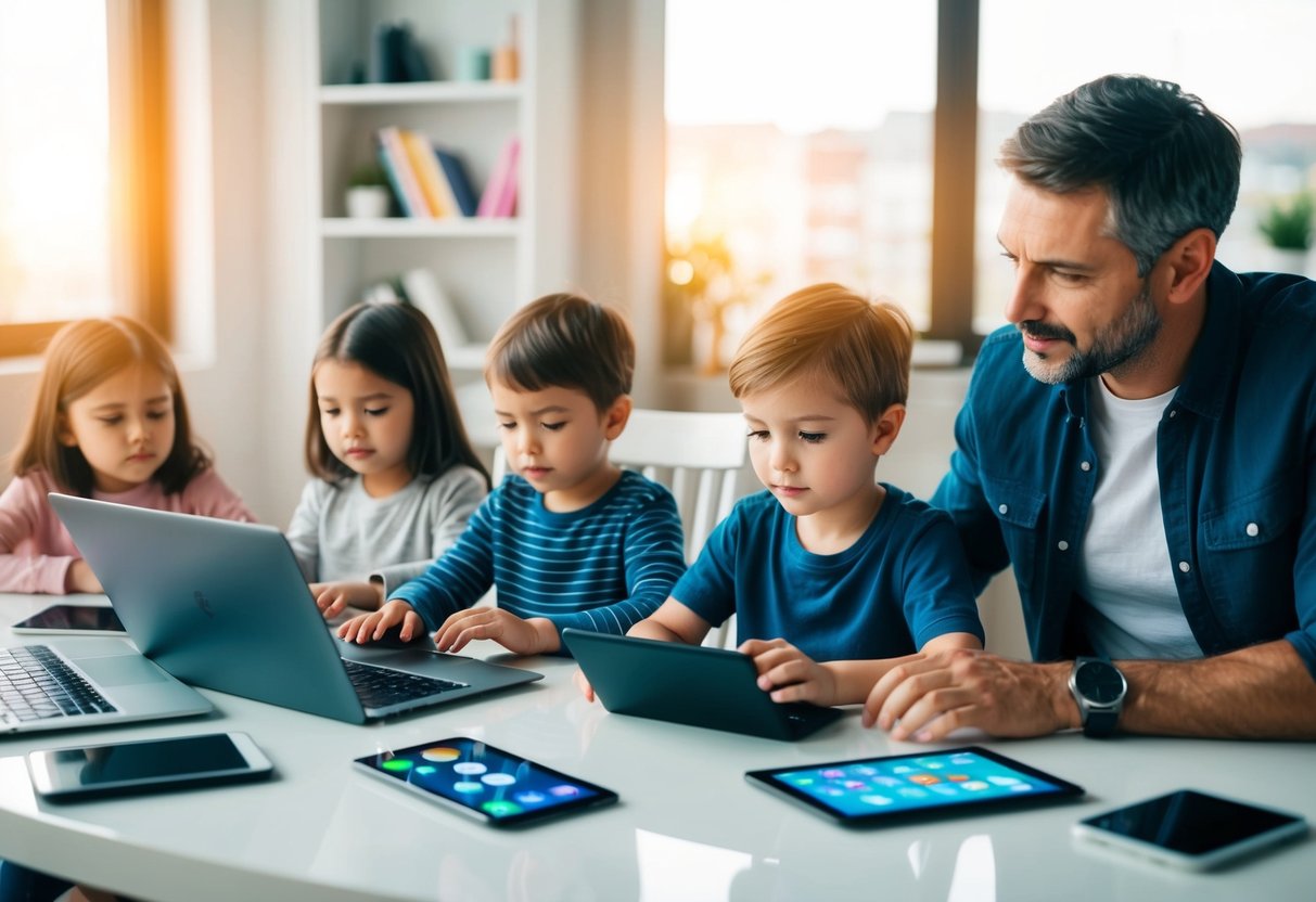 A family sitting around a table with various electronic devices, while a parent oversees and manages the screen time and online activities of the children