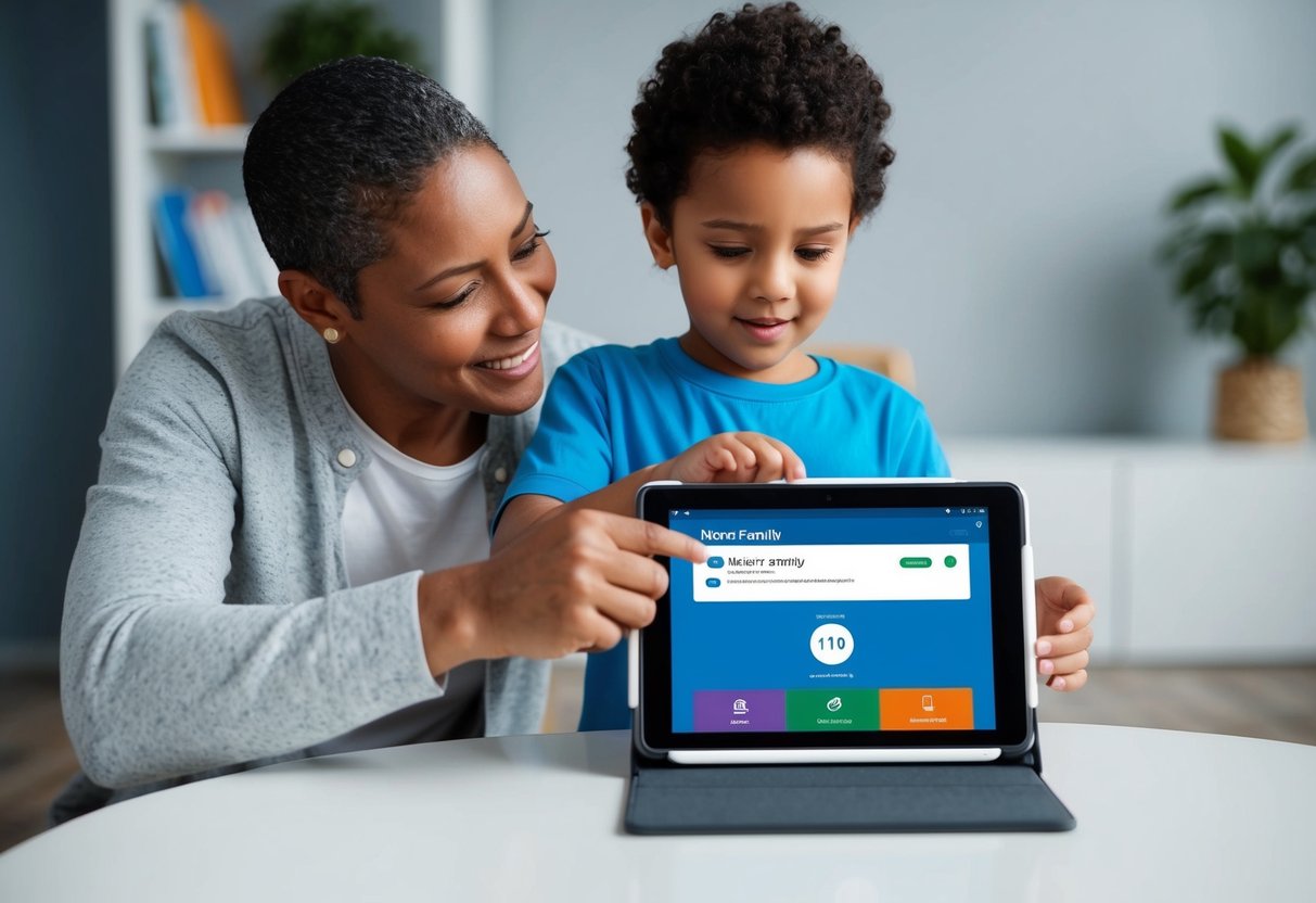 A parent setting up Norton Family app on a tablet for their child, adjusting screen time and online safety settings