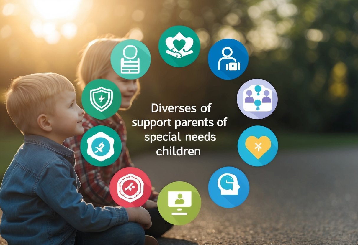 A group of diverse app icons arranged in a circle, each representing a different type of support for parents of special needs children