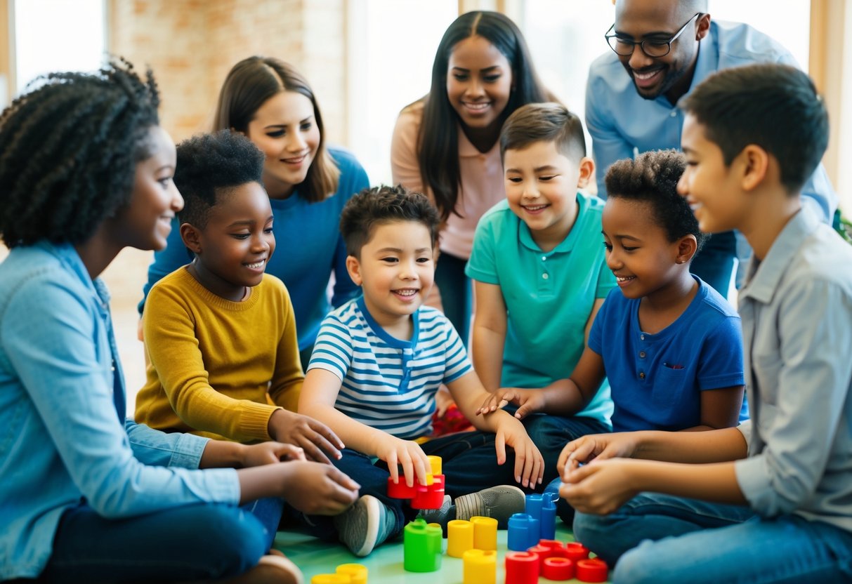 A group of diverse children with special needs engaging in interactive activities with supportive parents and caregivers