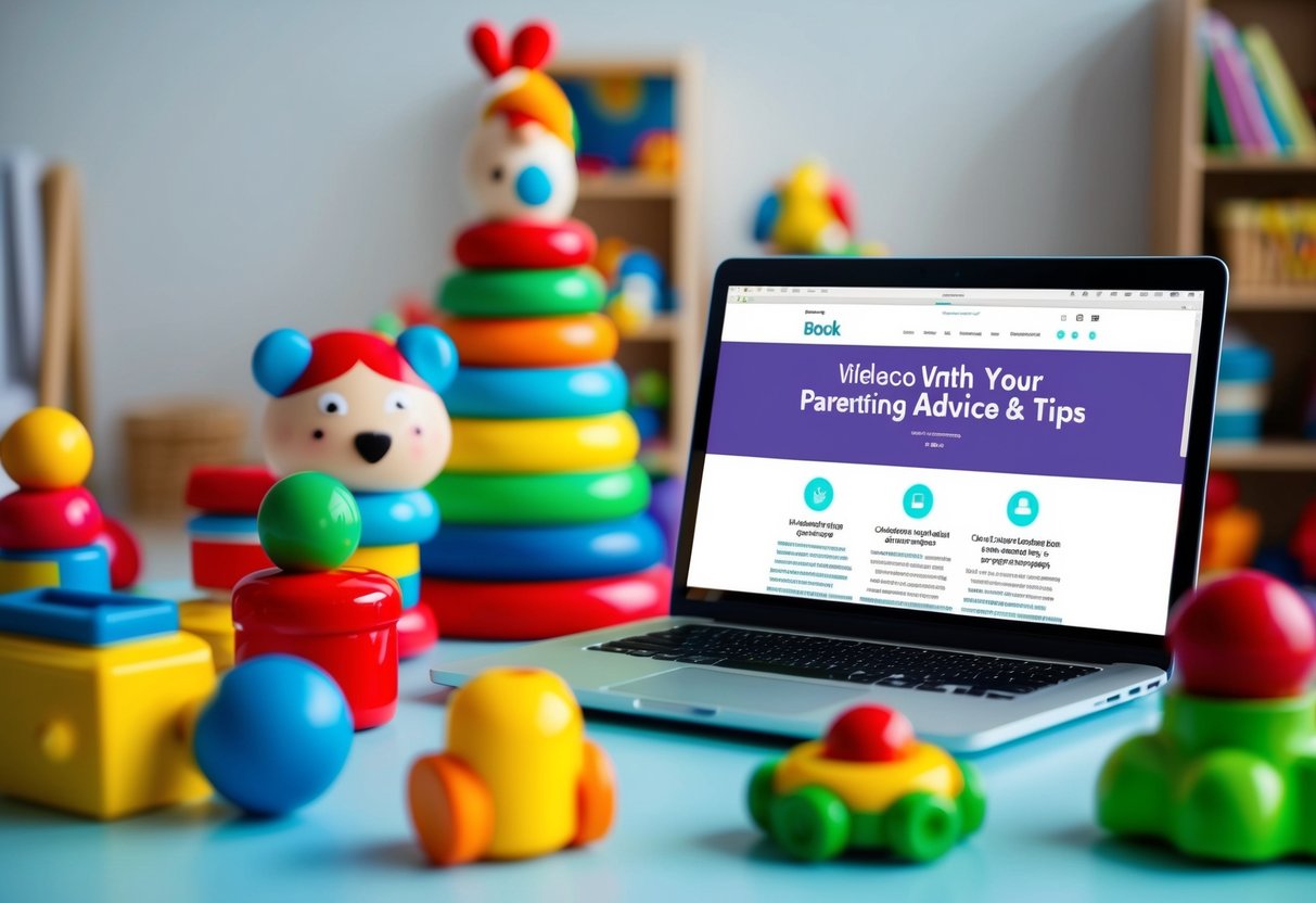 A laptop surrounded by colorful children's toys, with a website open displaying parenting advice and tips