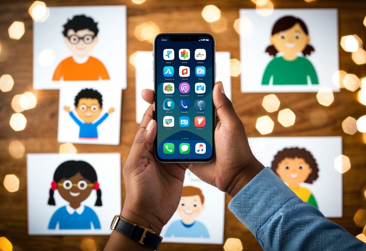 A parent's hand holding a smartphone with seven app icons displayed, surrounded by drawings of children with different abilities and diverse backgrounds