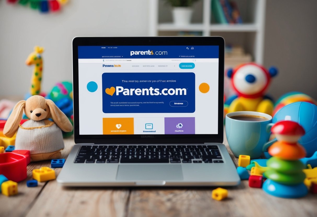 A laptop open to Parents.com website, surrounded by children's toys and a cup of coffee