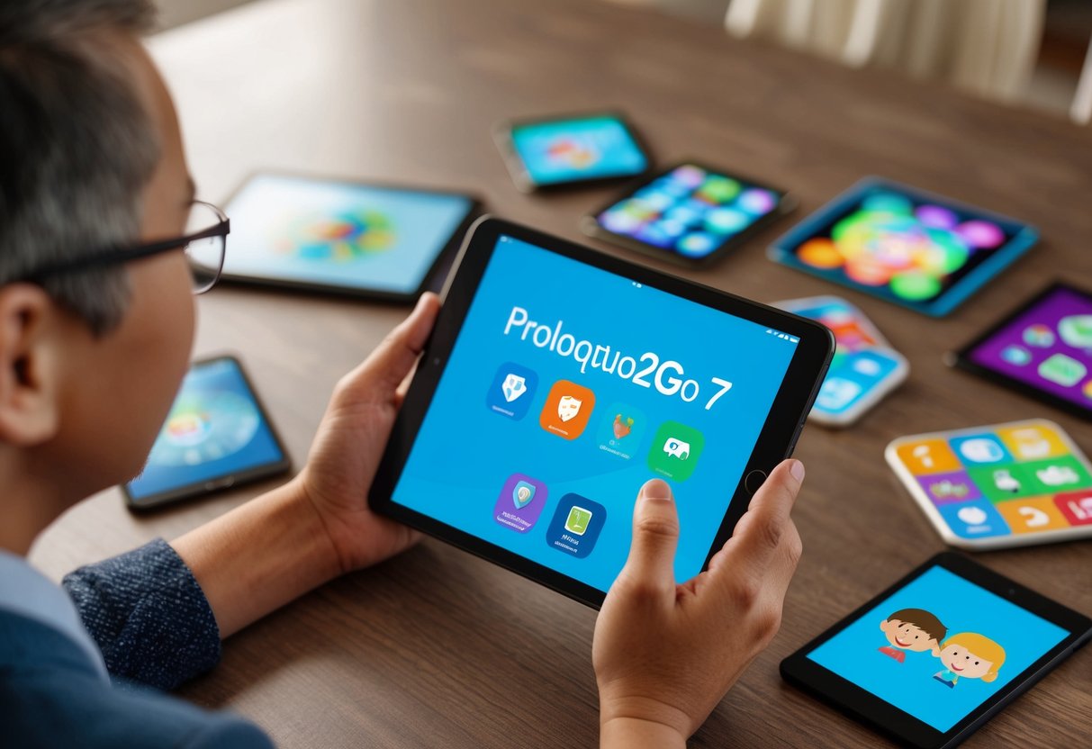 A parent using Proloquo2Go 7 app on a tablet, surrounded by supportive apps for special needs children