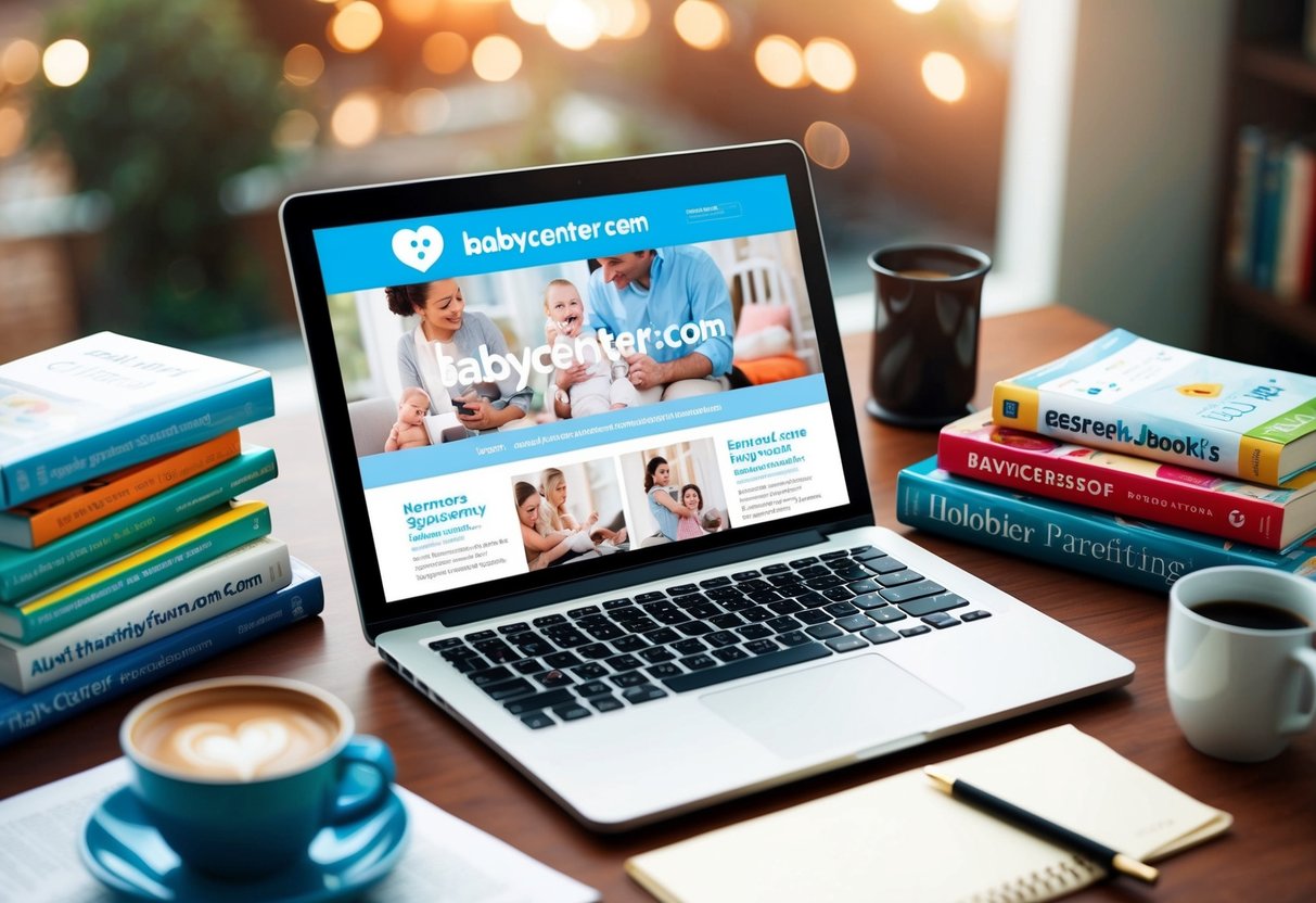 A laptop displaying BabyCenter.com surrounded by various parenting books and a cup of coffee on a desk