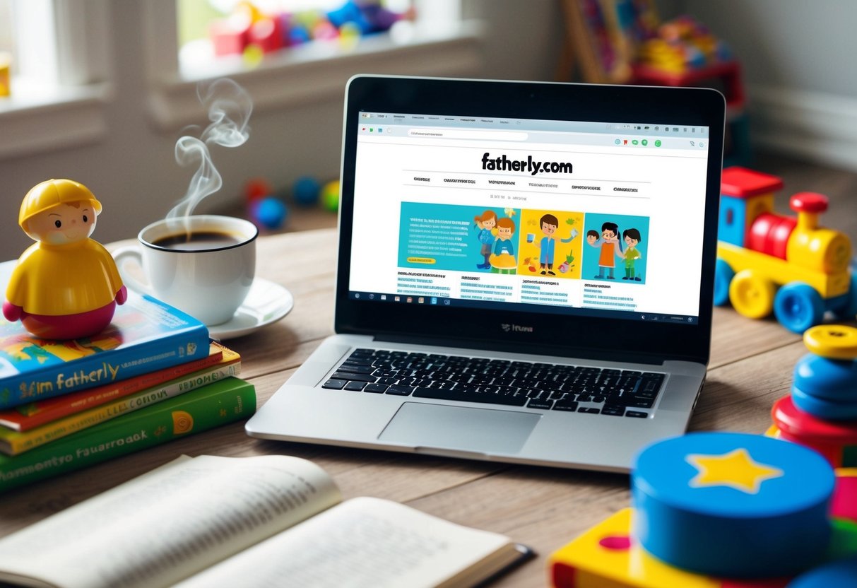 A laptop surrounded by children's toys and books, with a cup of coffee nearby. The screen displays Fatherly.com, with colorful illustrations and articles