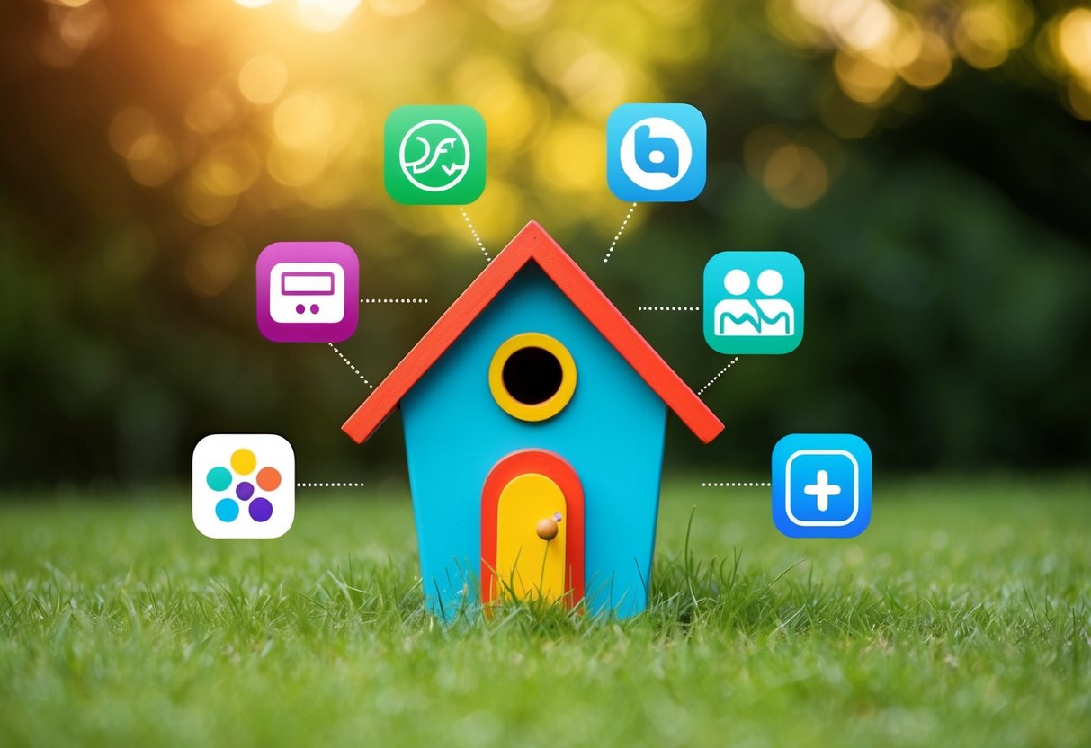 A colorful birdhouse surrounded by seven different smartphone icons representing apps for parents of special needs children