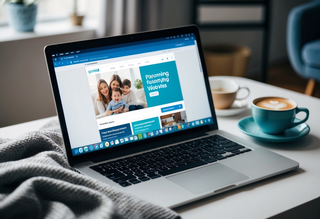 A laptop with 10 tabs open to parenting websites, surrounded by a cozy blanket and a cup of coffee on a table