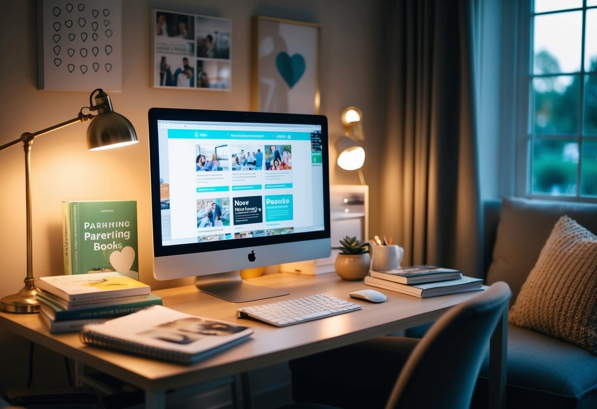 A cozy home office with a desk cluttered with parenting books and websites displayed on a computer screen. A warm, inviting atmosphere with soft lighting and comfortable seating