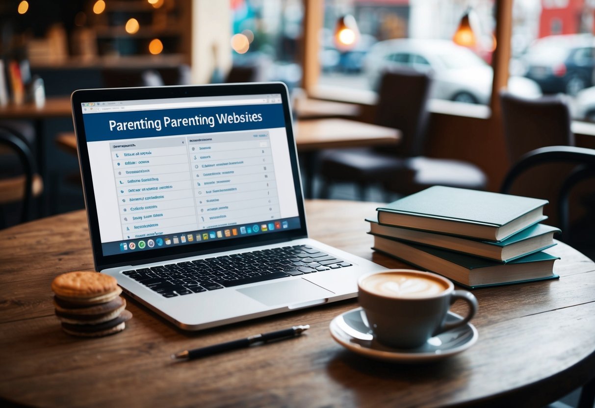 A cozy cafe with a laptop open to a list of parenting websites, surrounded by a warm cup of coffee and a stack of books