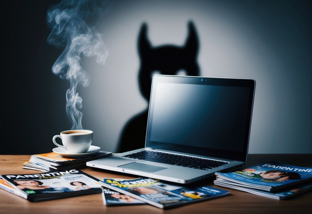 A laptop surrounded by scattered parenting magazines and a steaming cup of coffee, with a spooky shadow looming in the background