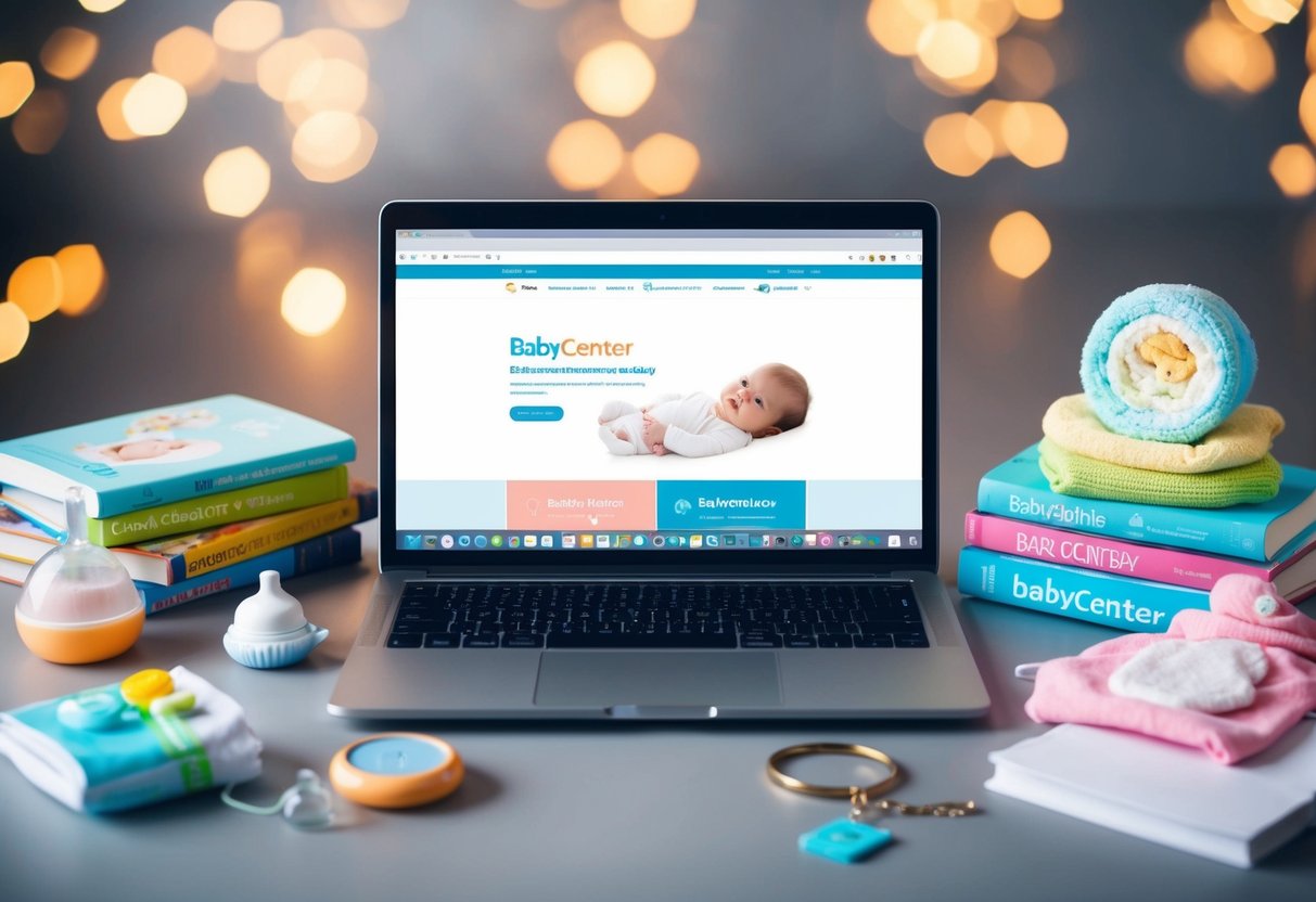 A laptop surrounded by baby items and pregnancy books, with a website called "BabyCenter" displayed on the screen