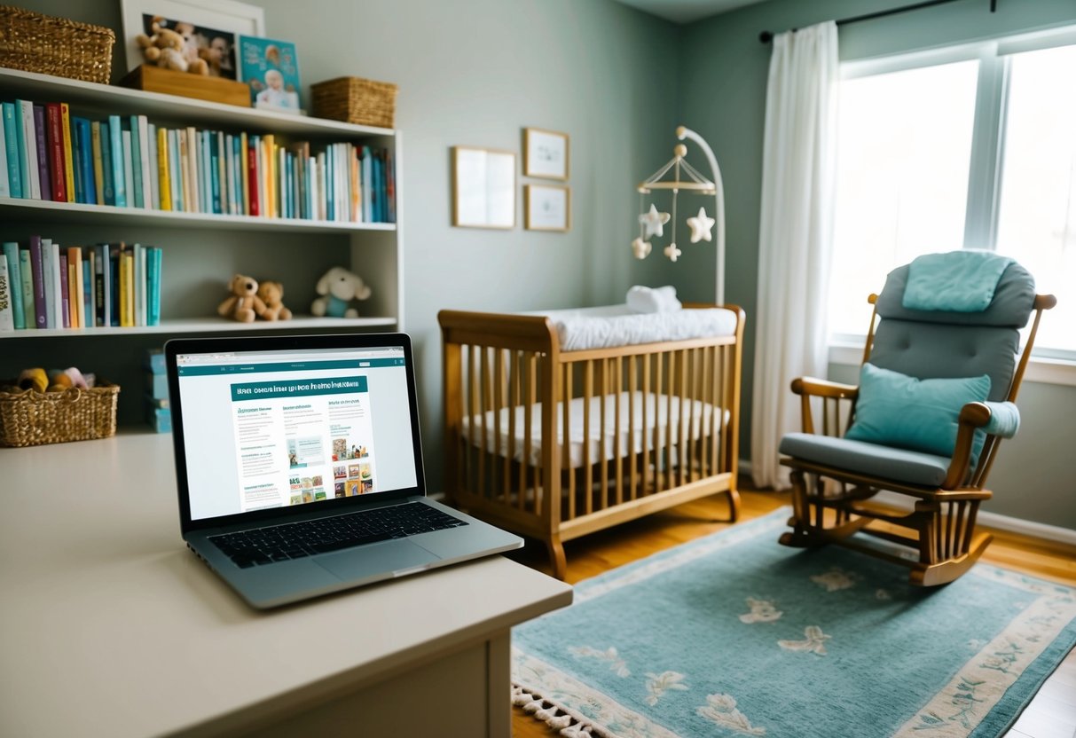 A cozy nursery with shelves of baby books, a changing table, and a rocking chair. A laptop open to a webpage with free parenting resources