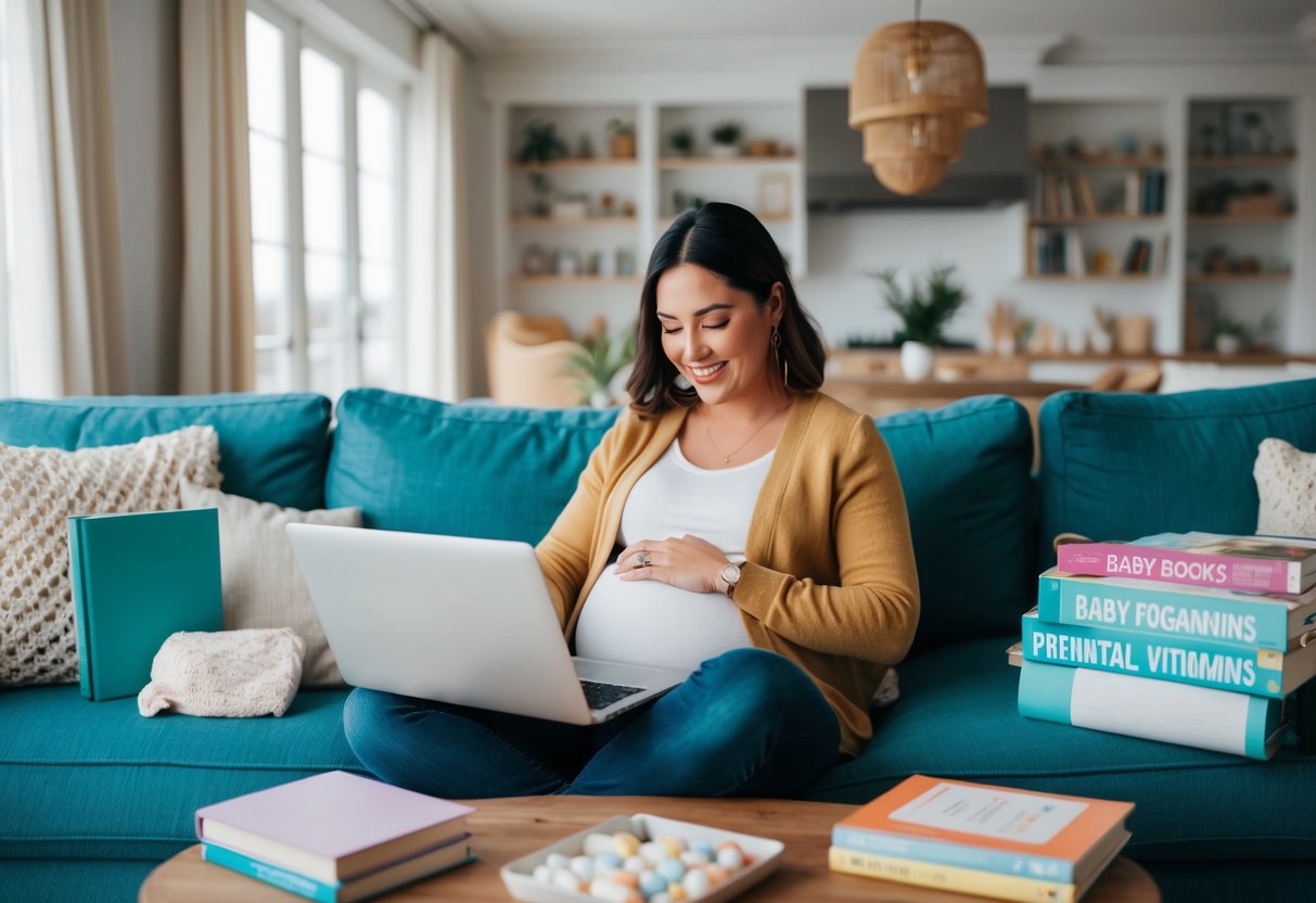 A cozy living room with a pregnant woman browsing a laptop, surrounded by baby books and prenatal vitamins