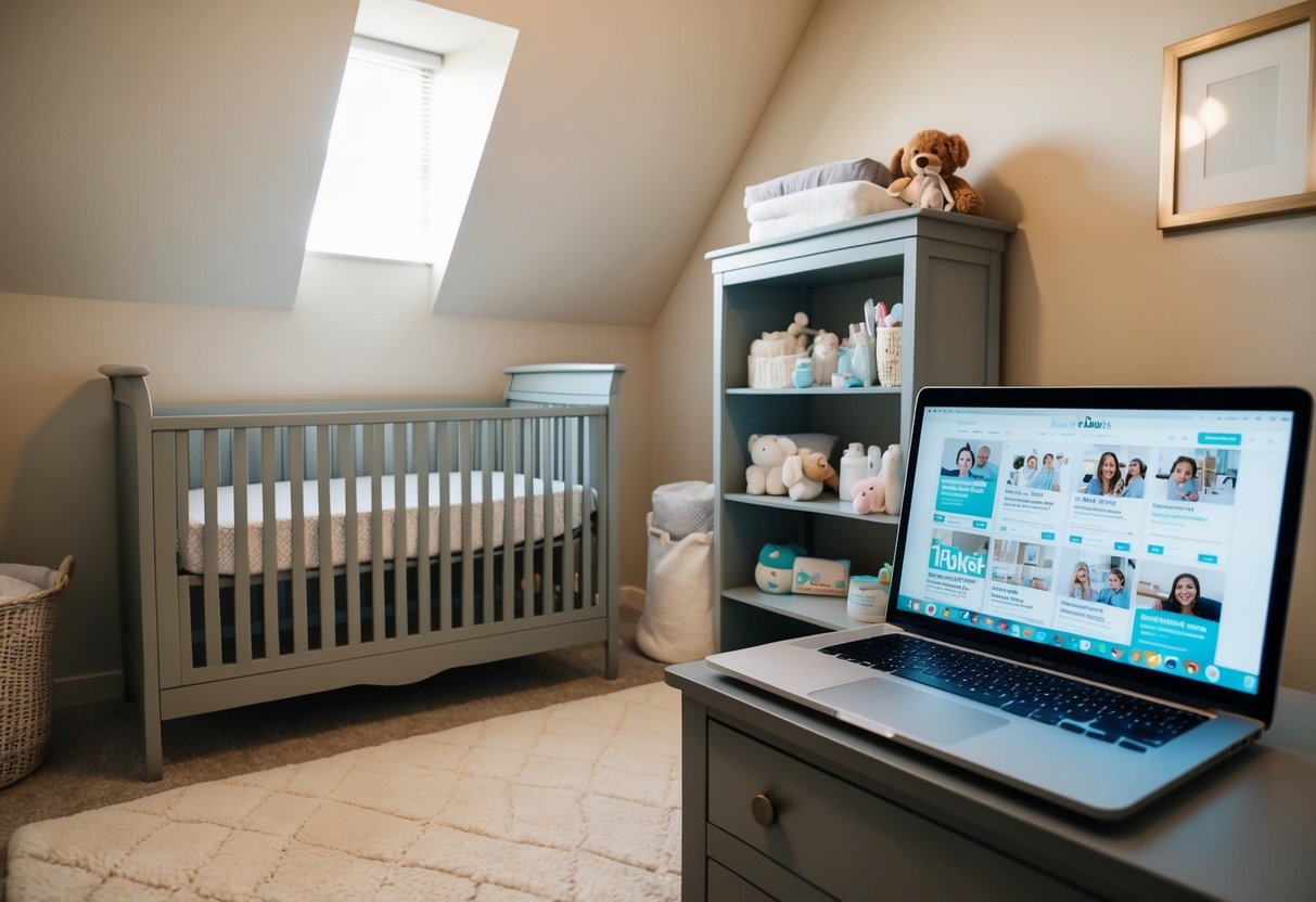 A cozy nursery with a crib, changing table, and shelves filled with baby supplies. A laptop displaying various parenting websites is open on a nearby desk