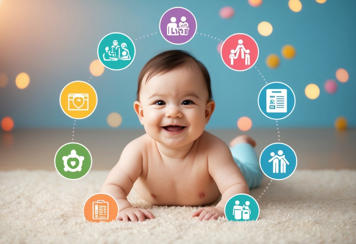 A smiling baby surrounded by colorful, playful icons representing different parenting resources