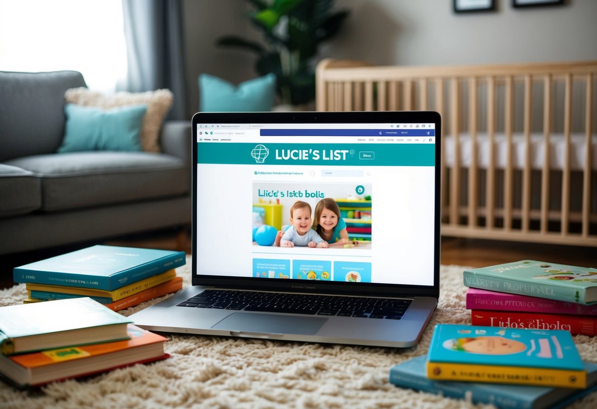 A cozy living room with a laptop open to "Lucie's List" website, surrounded by baby books and a crib